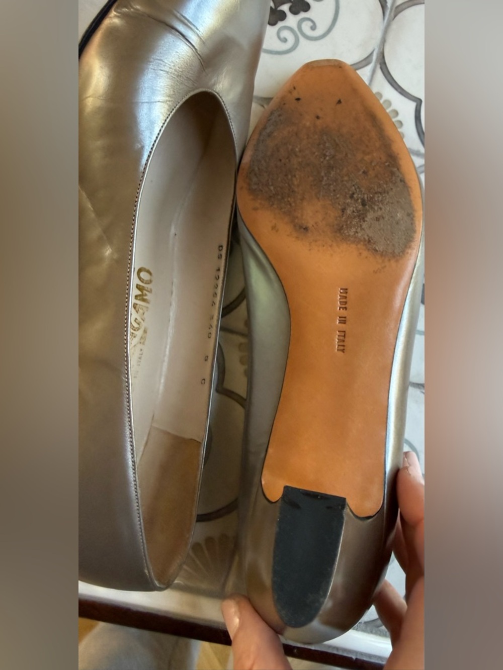 Vintage Salvatore Ferragamo Dale Metallic Taupe Leather Pointed-Toe Shoes - Picture 6 of 9